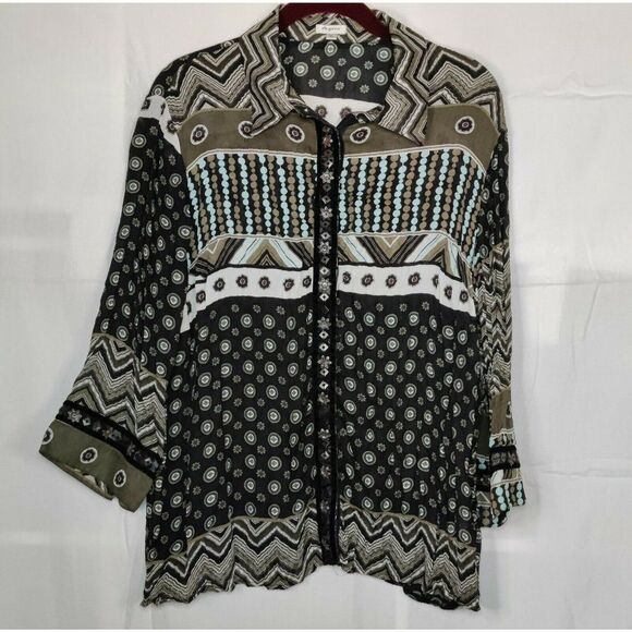 Agora Womens Top Blouse Snap Button Front Long Sleeve Collared Size XL‎ - Picture 2 of 10